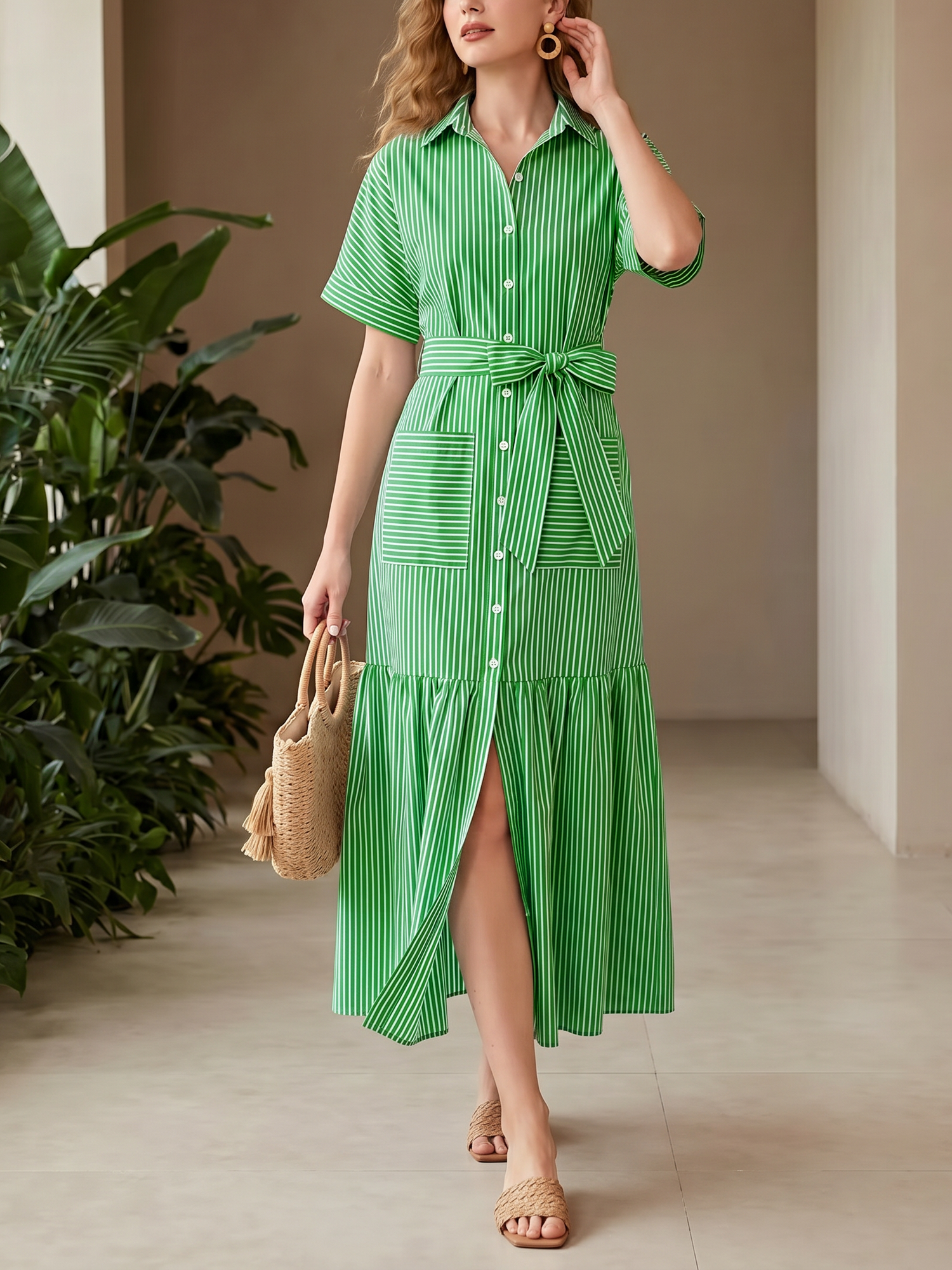 Striped Short Sleeve Pocketed Belted Shirt Dress Green/M - Allegra K catalog