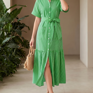 Striped Short Sleeve Pocketed Belted Shirt Dress Green/L - Allegra K catalog