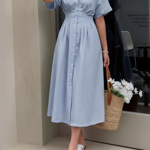 Casual Striped Short Sleeves Pleated Shirt Dress Blue/M - Allegra K catalog