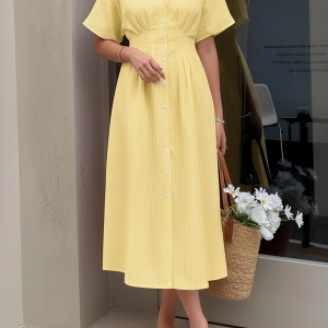 Casual Striped Short Sleeves Pleated Shirt Dress Yellow/S - Allegra K catalog