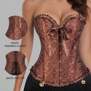 Ruffled Strapless Lace-Up Vintage Retro Corset Coffee/XL - Allegra K catalog