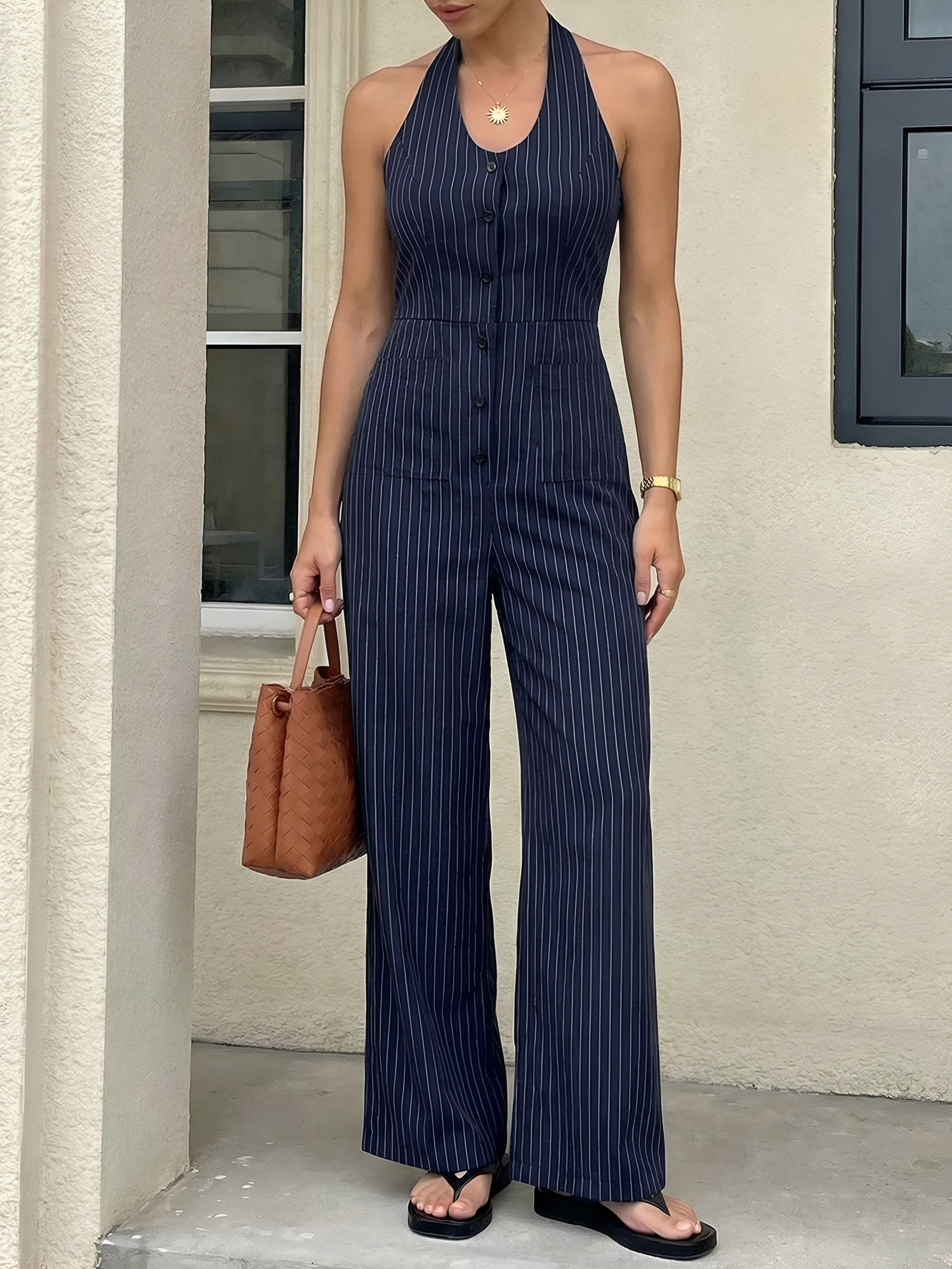 Striped Halter Neck Backless Sleeveless Jumpsuit Navy Blue/XS - Allegra K catalog