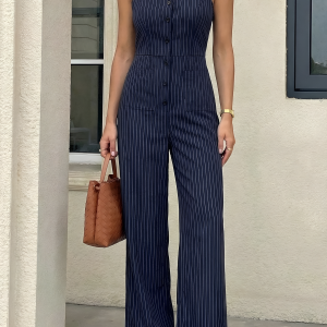 Striped Halter Neck Backless Sleeveless Jumpsuit Navy Blue/L - Allegra K catalog