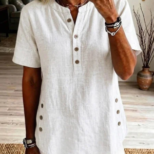 Stand Collar Short Sleeve Plain Regular Loose Shirt For Women, T-shirts, color:White|size:3XL, catalog Noracora shop