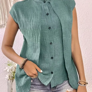 Stand Collar Short Sleeve Plain Regular Loose Shirt For Women, Shirts, color:Green|size:XXL, catalog Noracora shop