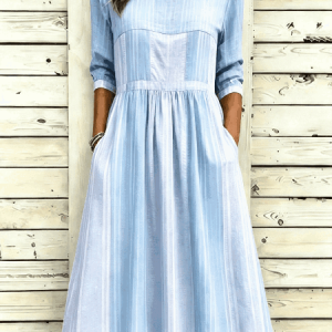 Women Striped Spring/Fall Dress Crew Neck Three Quarter Sleeve A-Line Dress, Dresses, color:Blue-White|size:4XL, catalog Noracora shop