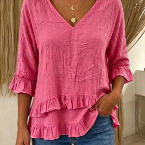 V Neck Three Quarter Sleeve Plain Regular Regular Fit Blouse For Women, Blouses, color:Rose Red|size:3XL, catalog Noracora shop