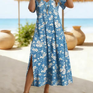 Women Small Daisy Summer Dress V Neck Short Sleeve T-Shirt Dress A-Line Dress, Dresses, color:Blue|size:4XL, catalog Noracora shop