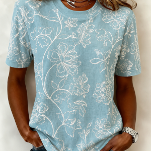 Vintage Floral Crew Neck Short Sleeve T-shirt, T-shirts, color:Blue|size:XXL, catalog Noracora shop