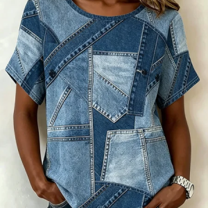 Vintage Striped Crew Neck Short Sleeve T-shirt, T-shirts, color:Denim Blue|size:5XL, catalog Noracora shop