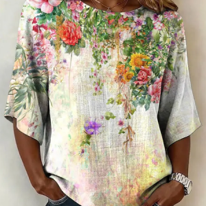 Crew Neck Half Sleeve Floral Printing Regular Micro-Elasticity Regular Fit Blouse For Women, Blouses, color:As Picture|size:5XL, catalog Noracora shop
