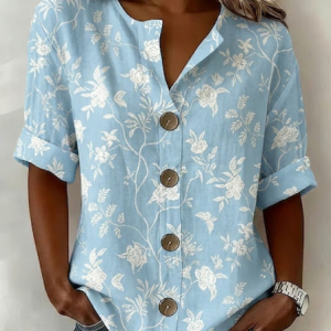 Stand Collar Long Sleeve Floral Regular Loose Shirt For Women, Shirts, color:Blue|size:4XL, catalog Noracora shop