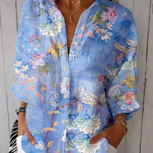 Shirt Collar Three Quarter Sleeve Floral Regular Loose Shirt For Women, Shirts, color:Blue Purple|size:5XL, catalog Noracora shop