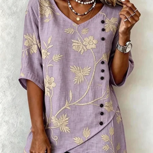 V Neck Short Sleeve Botanical Pattern Regular Loose Shirt For Women, T-shirts, color:Purple|size:4XL, catalog Noracora shop