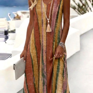 Women Striped Summer Dress V Neck Sleeveless Tank A-Line Dress, Dresses, color:Yellow Brown|size:4XL, catalog Noracora shop