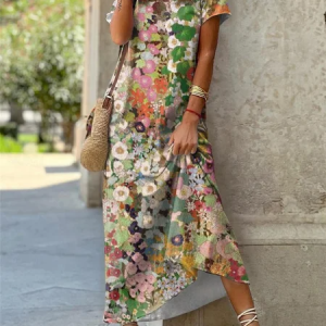 Women Floral Summer Dress Crew Neck Short Sleeve Fit & Flare Dress A-Line Dress, Dresses, color:As Picture|size:5XL, catalog Noracora shop