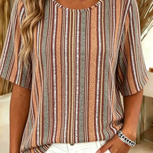 Casual Striped Crew Neck Short Sleeve T-shirt, T-shirts, color:Orange|size:5XL, catalog Noracora shop