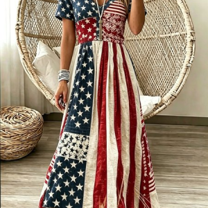 Women Spring Dress V Neck America Flag Printing Long Sleeve A-Line Dress, Dresses, color:As Picture|size:4XL, catalog Noracora shop