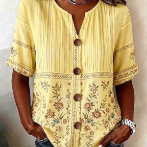 Stand Collar Long Sleeve Floral Regular Loose Shirt For Women, Shirts, color:Yellow|size:4XL, catalog Noracora shop