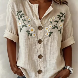 Stand Collar Long Sleeve Floral Regular Loose Shirt For Women, Shirts, color:White|size:4XL, catalog Noracora shop