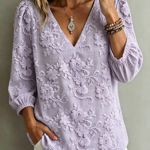 Vintage Floral V Neck Long Sleeve T-shirt, Blouses, color:lavender|size:4XL, catalog Noracora shop