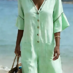 Women Plain V Neck Half Sleeve Vintage Summer Cotton And Linen Jumpsuit, Jumpsuits&Rompers, color:Aqua|size:XXL, catalog Noracora shop