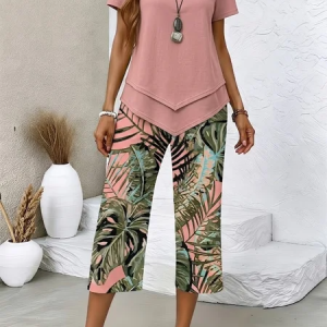 Women Plants Printing Two-Piece Set Daily Short Sleeve Casual Summer Top With Pants Matching Set, Sets, color:Pink|size:5XL, catalog Noracora shop