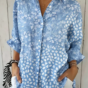 Shirt Collar Three Quarter Sleeve Floral Regular Loose Shirt For Women, Shirts, color:Blue|size:5XL, catalog Noracora shop
