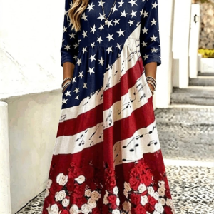 Women Floral Winter Dress Crew Neck Three Quarter Sleeve A-Line Dress, Dresses, color:As Picture|size:4XL, catalog Noracora shop