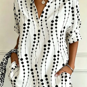 Shawl Collar Short Sleeve Geometric Regular Loose Shirt For Women, Shirts, color:White|size:5XL, catalog Noracora shop