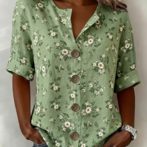 Stand Collar Long Sleeve Floral Regular Loose Shirt For Women, Shirts, color:Green|size:4XL, catalog Noracora shop