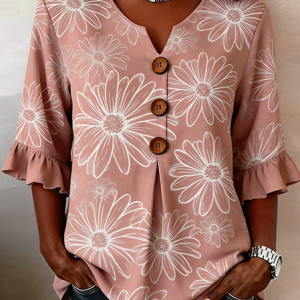 V Neck Half Sleeve Floral Regular Regular Fit Blouse For Women, Blouses, color:Pink|size:5XL, catalog Noracora shop