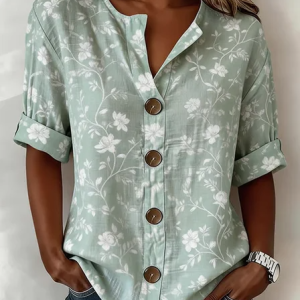 Stand Collar Long Sleeve Floral Regular Loose Shirt For Women, Shirts, color:Green|size:4XL, catalog Noracora shop
