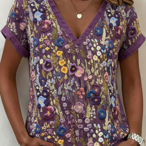 Vintage Floral V Neck Short Sleeve T-shirt, T-shirts, color:Purple|size:4XL, catalog Noracora shop