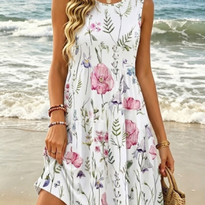 Women Floral Summer Dress Crew Neck Sleeveless Tank A-Line Dress, Dresses, color:White|size:4XL, catalog Noracora shop