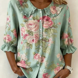 Shawl Collar Short Sleeve Floral Regular Loose Shirt For Women, Shirts, color:Green|size:5XL, catalog Noracora shop