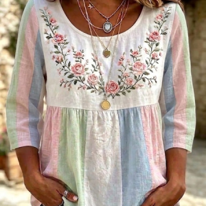 Crew Neck Half Sleeve Floral Regular Micro-Elasticity Loose Blouse For Women, Blouses, color:White|size:4XL, catalog Noracora shop