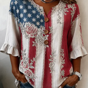 V Neck Half Sleeve Floral Printing Regular Micro-Elasticity Regular Fit Blouse For Women, Blouses, color:As Picture|size:5XL, catalog Noracora shop