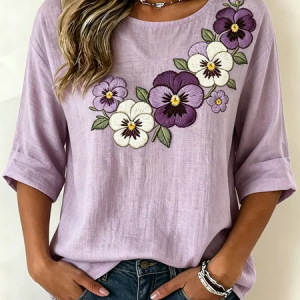 Crew Neck Half Sleeve Floral Lightweight Loose Shirt For Women, Blouses, color:Purple|size:5XL, catalog Noracora shop