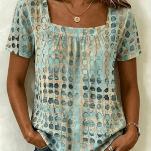 Casual Abstract Graphic Square Neck Short Sleeve T-shirt, T-shirts, color:Green|size:4XL, catalog Noracora shop