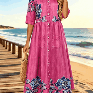 Women Floral Summer Dress Crew Neck Half Sleeve Shirt Dress A-Line Dress, Dresses, color:Deep Pink|size:3XL, catalog Noracora shop