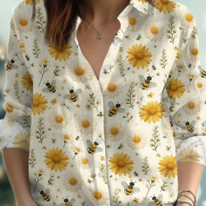 Shirt Collar Long Sleeve Animal Lightweight Regular Fit Shirt For Women, Shirts, color:Yellow|size:XXL, catalog Noracora shop