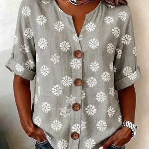 Stand Collar Long Sleeve Floral Regular Loose Shirt For Women, Shirts, color:Gray|size:5XL, catalog Noracora shop