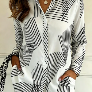Shirt Collar Long Sleeve Striped Regular Loose Shirt For Women, Shirts, color:Black-white|size:5XL, catalog Noracora shop
