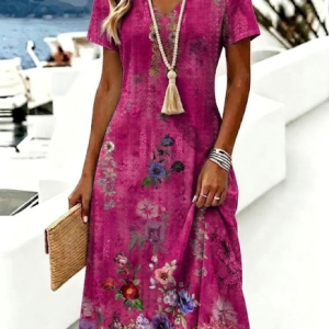 Women Floral Summer Dress V Neck Short Sleeve A-Line Dress, Dresses, color:Rose Red|size:4XL, catalog Noracora shop