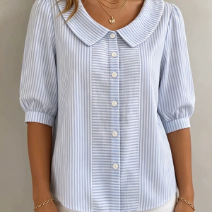 Shirt Collar Half Sleeve Striped Regular Micro-Elasticity Loose Shirt For Women, Shirts, color:Light Blue|size:4XL, catalog Noracora shop
