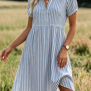 Women Striped Summer Dress V Neck Short Sleeve Shirt Dress A-Line Dress, Dresses, color:Blue|size:5XL, catalog Noracora shop
