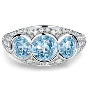 unique engagement rings - Italo Bezel Setting Round Cut Aquamarine Three Stone Engagement Ring For Women, Italo jewelry - Online Catalog