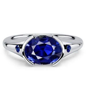 classic engagement rings - Italo Half-bezel Oval Cut Blue Sapphire Three Stone Engagement Ring For Women, Italo jewelry - Online Catalog