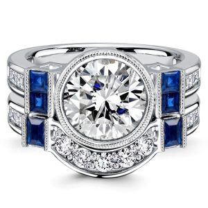 bridal sets - Italo Blue & White Sapphire 2 Carat Round Cut Vintage Engagement Ring Set, Italo jewelry - Online Catalog